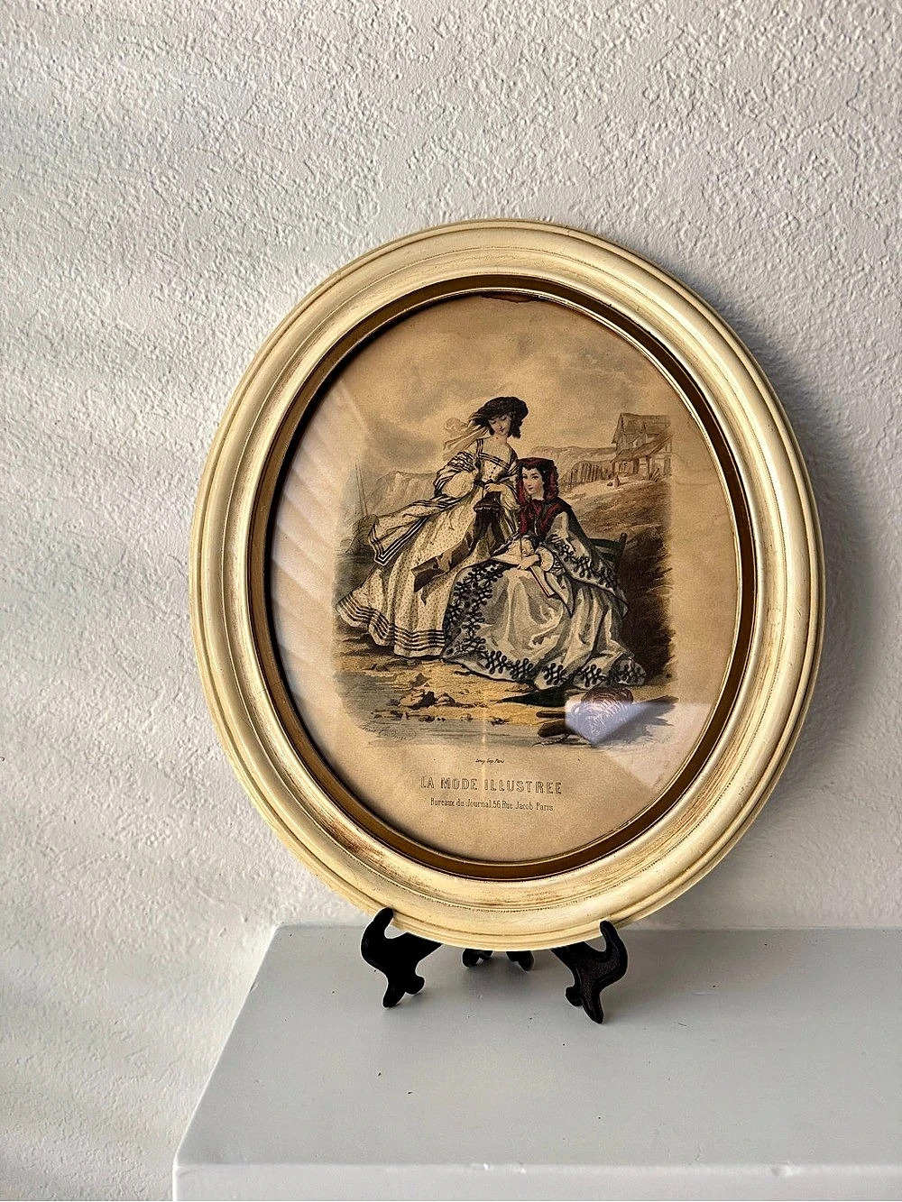 Antique 19th Century French Art Print from La Mode Illustrée in White Oval Frame